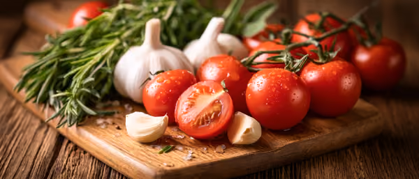 Gros plan d'herbes fraîches, d'ail et de tomates cerises sur une planche en bois