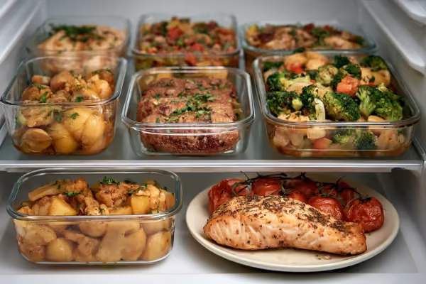 Boîtes en verre remplies de plats cuisinés, rangées dans un réfrigérateur