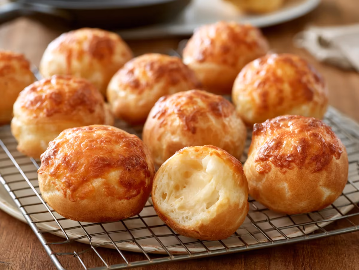 Gougères dorées sorties du four, posées sur une grille de refroidissement