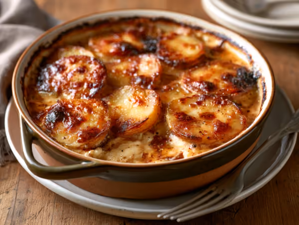 Gratin dauphinois doré dans un plat en terre, surface légèrement caramélisée