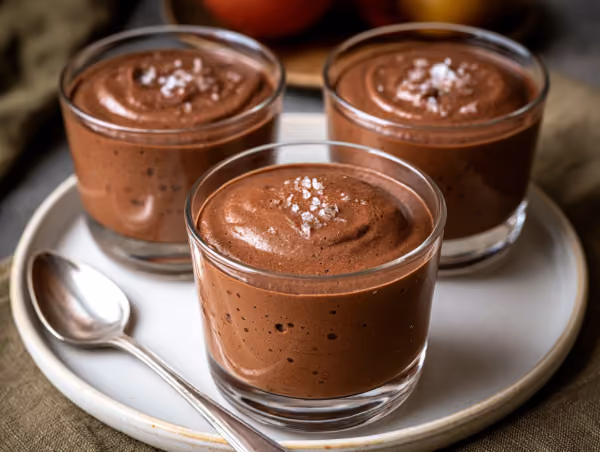 Mousse au chocolat dressée en verrine, surface mate et texture aérée
