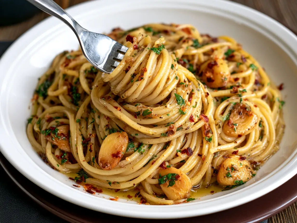 Pâtes à l'ail, huile d'olive et piment