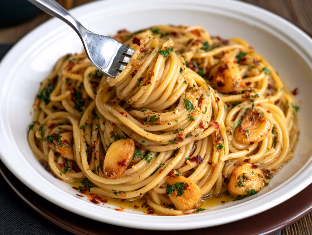 Assiette de spaghettis brillants, parsemés de persil et d'ail doré