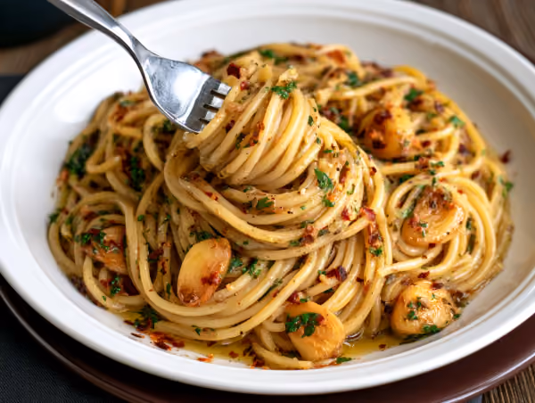 Assiette de spaghettis brillants, parsemés de persil et d'ail doré