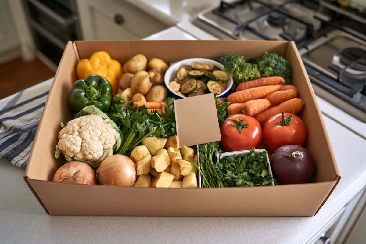 Ingrédients d'un kit repas disposés sur un plan de travail, légumes portionnés et herbes fraîches