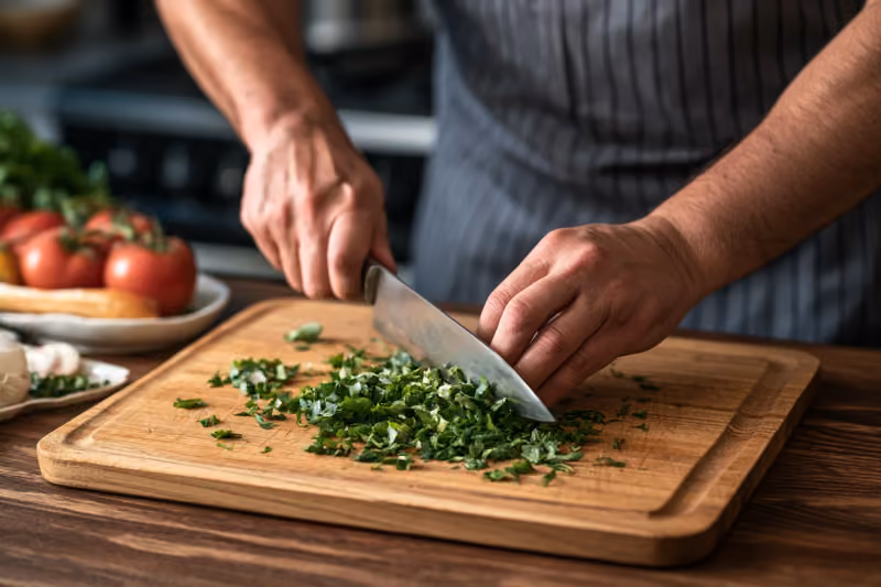 Mains ciselant des herbes fraîches au couteau de chef sur une planche