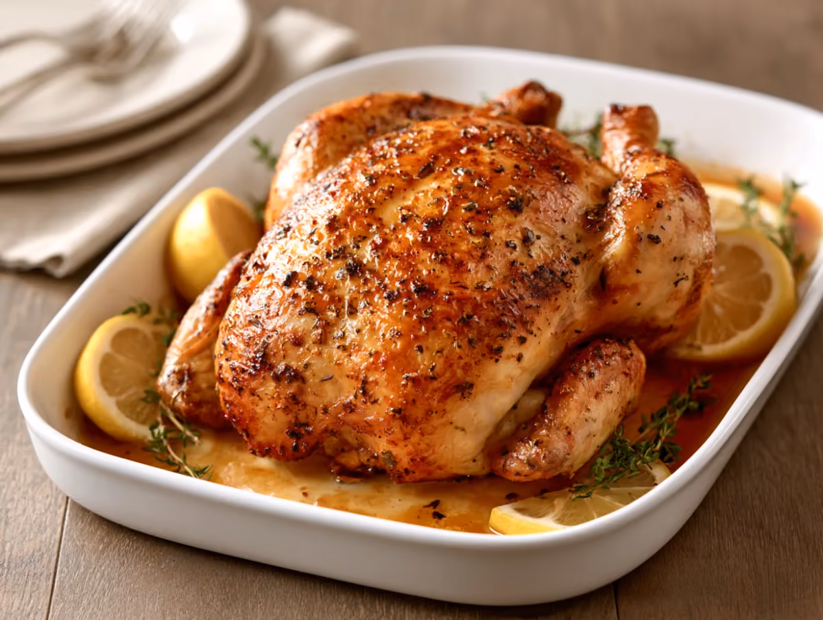 Poulet rôti doré dans un plat, entouré de rondelles de citron et de branches de thym