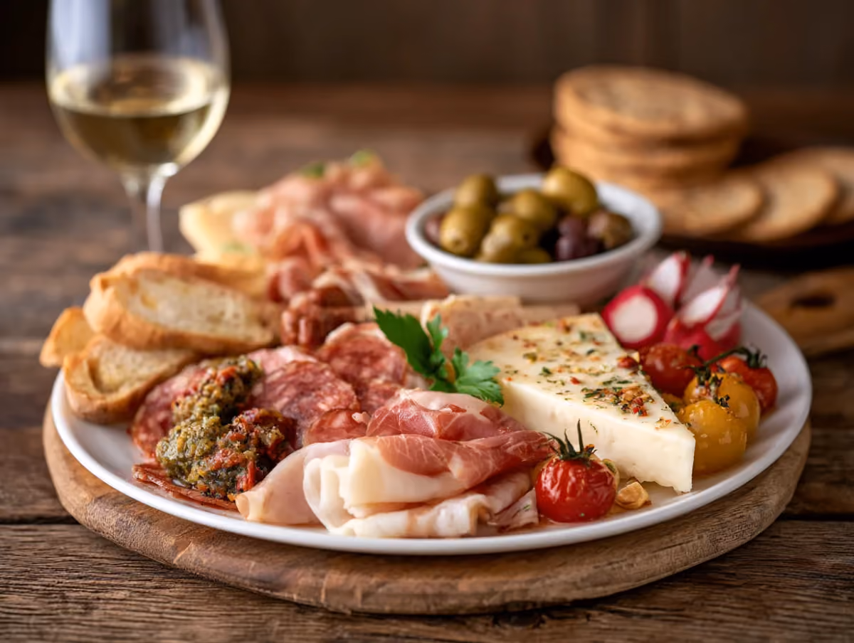 Planche à partager garnie de charcuterie, de fromage et d’olives