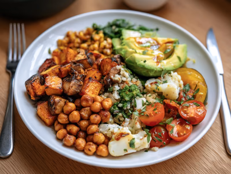 Assiette composée rapidement, légumes frais et herbes ciselées