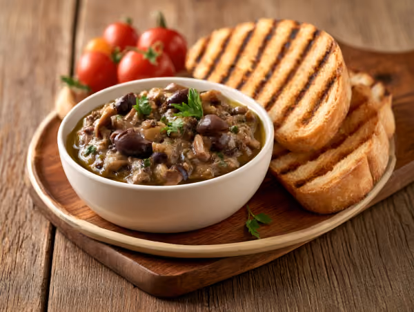 Bol de tapenade noire posé sur une planche, avec des tranches de pain grillé