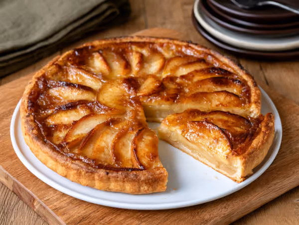 Tarte aux pommes en rosace, légèrement caramélisée sur les bords