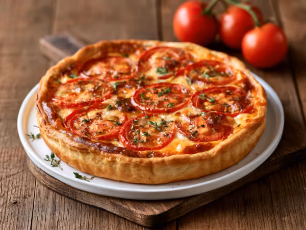 Tarte aux tomates dorée, sortie du four, posée sur une planche en bois