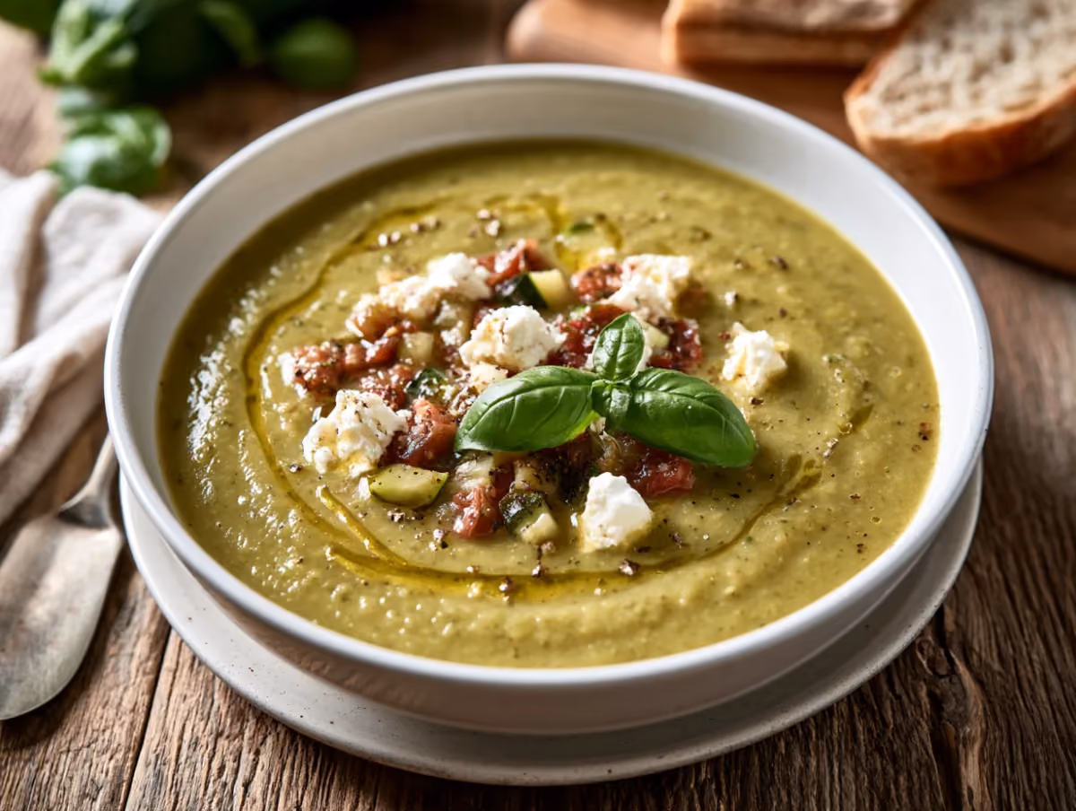 Assiette creuse de velouté de courgettes vert clair, avec un éclat de chèvre frais